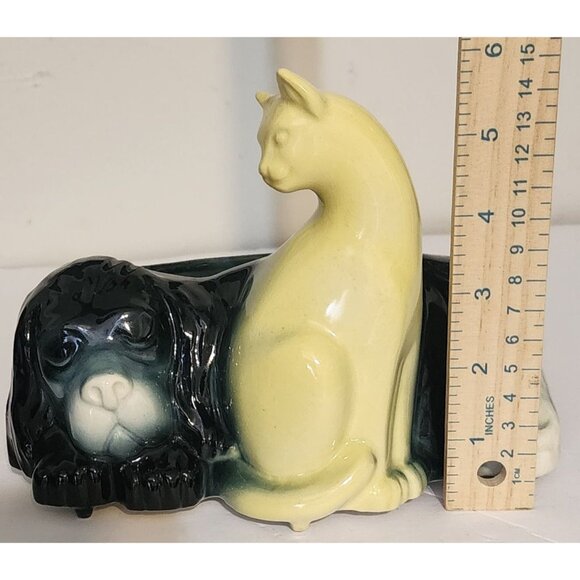 VTG MCM Ceramic Dog & Cat Planter Figurine 7X5" Tall Black & Yellow Design - Picture 6 of 8
